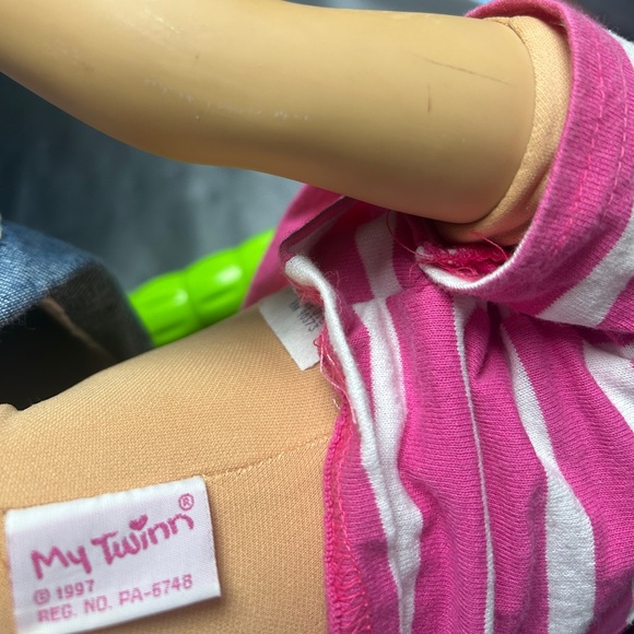 My Twinn Poseable Doll Brown Hair & Eyes Overalls Stripe Top Shoes - Picture 12 of 12